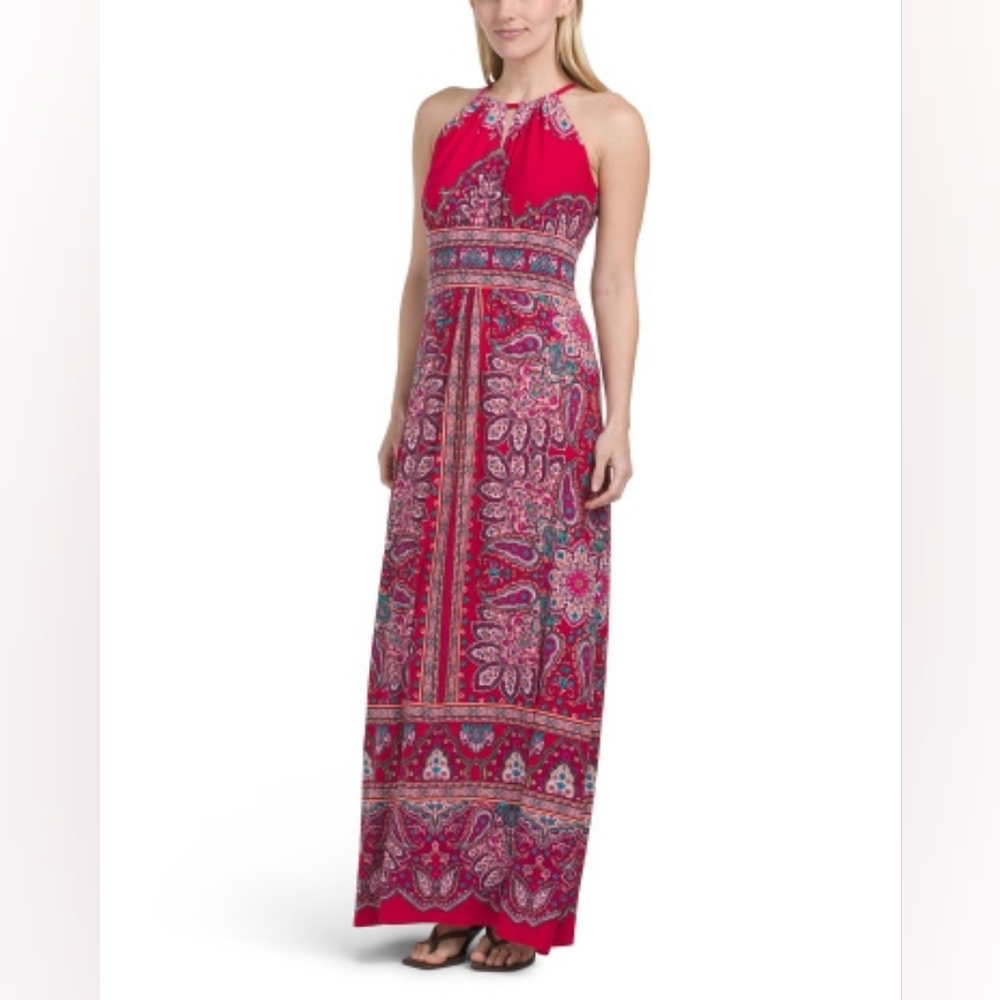 NWT - London Times Red & Pink Printed Halter Neck Stretch Morris Maxi Dress - 16